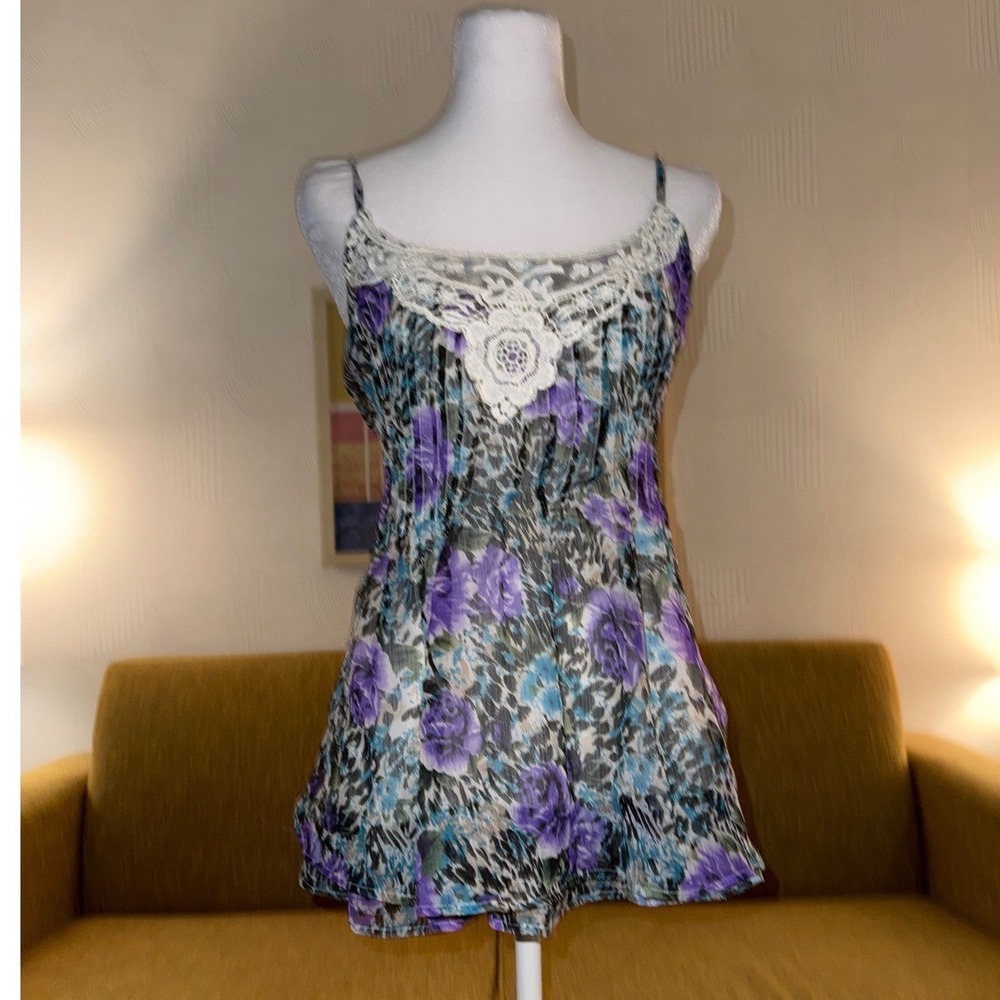 Passport Floral Leopard Print Pleated Cami Top Lace Crochet Bib Purple Large